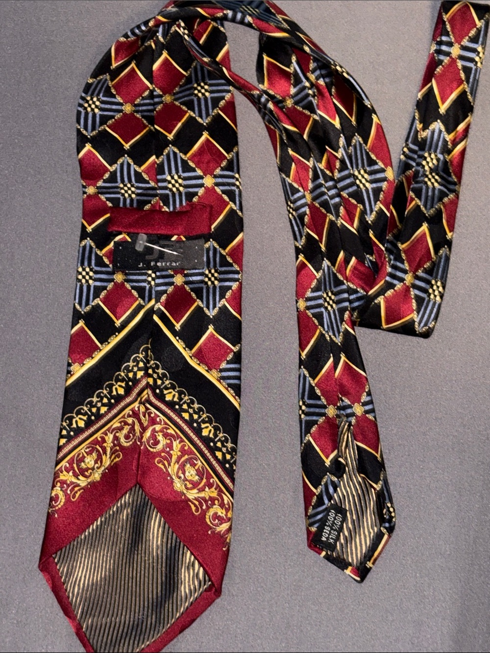 J Ferrar Men's Burgundy and Black Patterned Silk Tie